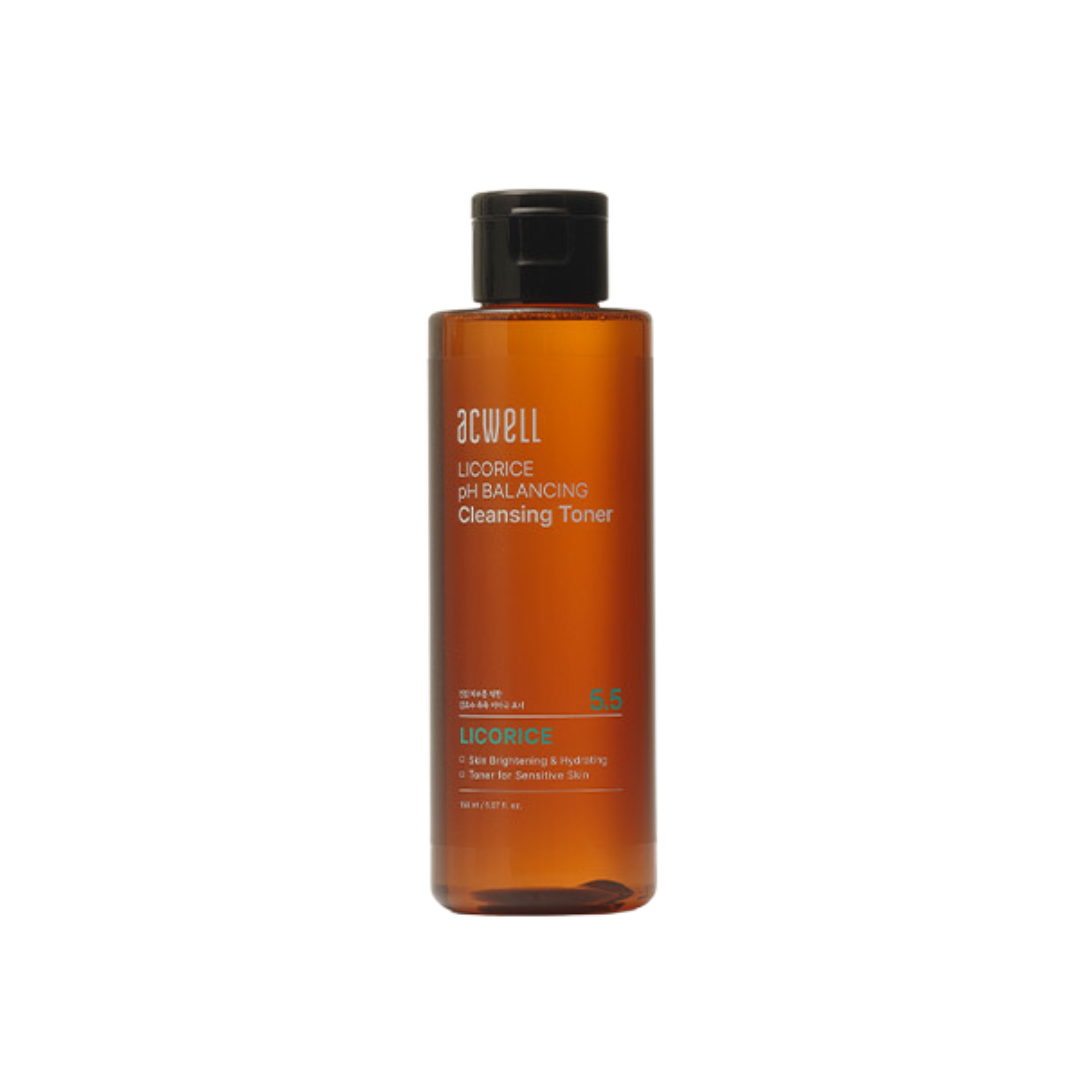 ACWELL Licorice pH Balancing Cleansing Toner is a gentle toner infused with licorice root water to brighten and balance the skin's pH levels. It effectively removes impurities while soothing and hydrating the skin, leaving it refreshed and radiant. Enriched with natural extracts and vitamin E, this toner helps to even out skin tone and prepare your skin for the next steps in your skincare routine. Suitable for all skin types.