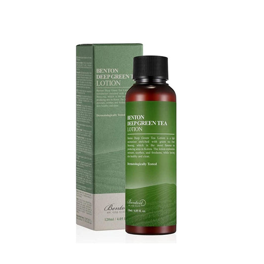 BENTON Deep Green Tea Lotion is a lightweight moisturizer infused with Green Tea Leaf Water and extracts from the leaf, seed, and root of green tea to provide soothing hydration. Enriched with Centella Asiatica and Sunflower Seed Oil, it helps calm and nourish the skin while maintaining a healthy moisture balance. This gentle lotion absorbs quickly, leaving skin refreshed, smooth, and hydrated without feeling greasy. Perfect for sensitive and combination skin types.