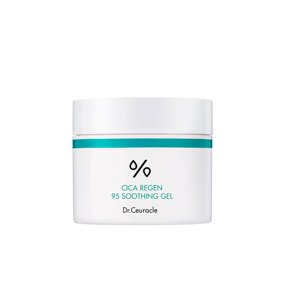 DR. CEURACLE Cica Regen 95 Soothing Gel is a lightweight, calming gel formulated with 95% Centella Asiatica Extract to soothe irritated and sensitive skin. Enriched with Madecassoside, Asiaticoside, and Hibiscus Flower Extract, this gel helps to reduce redness, promote skin healing, and strengthen the skin barrier. Its gentle, fast-absorbing formula provides long-lasting hydration without leaving a sticky residue, making it ideal for soothing and calming stressed skin. Suitable for all skin types, especiall