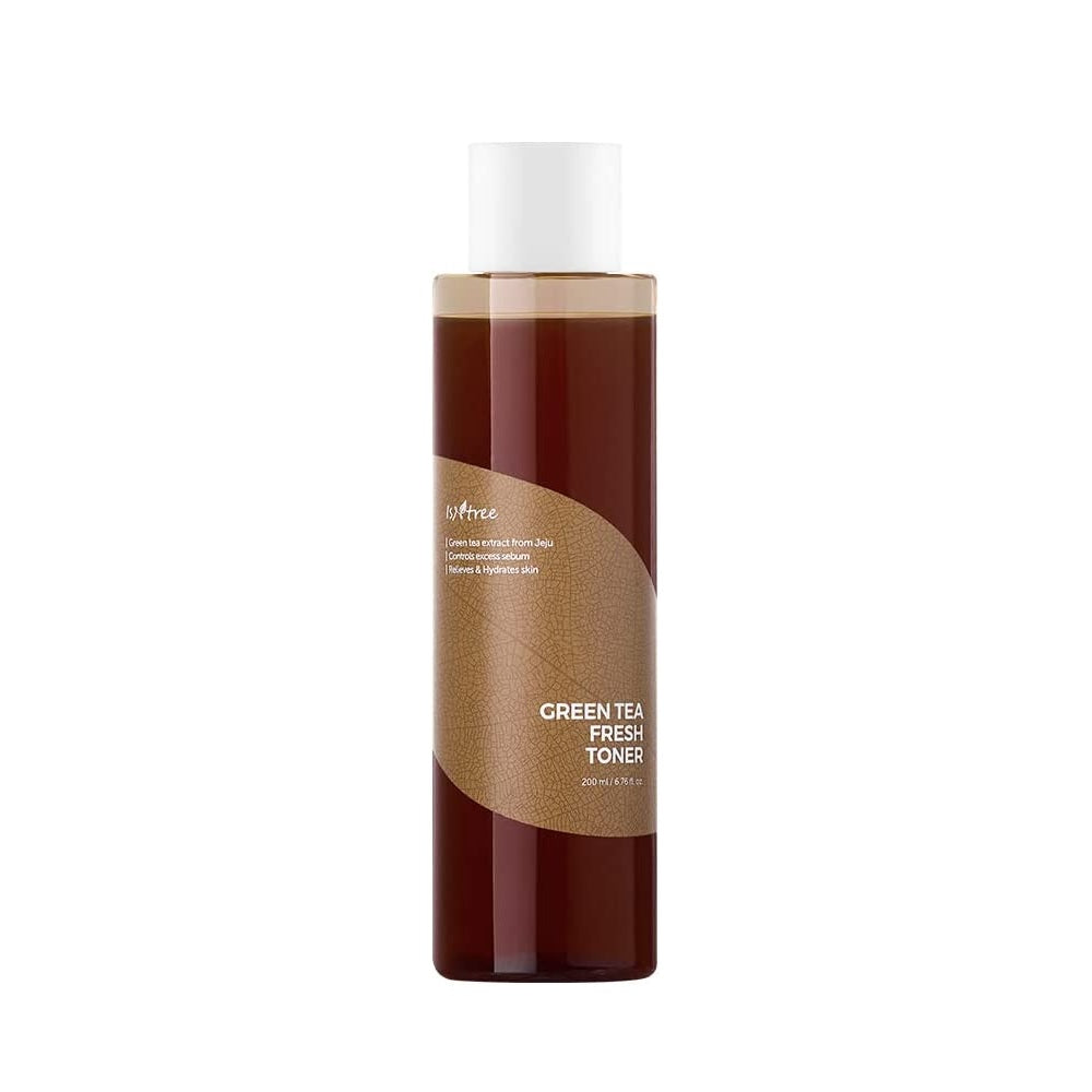 ISNTREE Green Tea Fresh Toner is a refreshing and soothing toner formulated with Green Tea Leaf Extract to help balance and hydrate the skin. It contains additional botanical extracts like Centella Asiatica and Ginkgo Biloba, which calm and nourish, while Willow Bark Extract gently exfoliates. The toner also features Hydrolyzed Hyaluronic Acid for deep hydration and Allantoin to soothe the skin, making it ideal for oily and combination skin types.