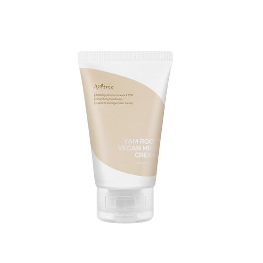 ISNTREE Yam Root Vegan Milk Cream is a deeply nourishing moisturizer crafted with a rich blend of Yam Root Extract and multi-ceramides. It hydrates and strengthens the skin's barrier, while plant extracts like Sunflower Seed Oil and Lotus Root soothe and revitalize. Perfect for those looking to moisturize deeply with a gentle, vegan formula. Ideal for daily use to achieve a smooth, supple complexion.