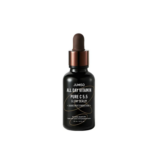 JUMISO All Day Vitamin Pure C 5.5 Glow Serum is a brightening serum formulated with 5.5% pure Vitamin C (Ascorbic Acid) to revitalize and even out the skin tone. It lightens hyperpigmentation and dark spots due to the combination of Vitamin C and Alpha-Arbutin. Enriched with Sodium Hyaluronate for deep hydration, and antioxidants like Tocopherol and Ferulic Acid, it helps protect the skin while enhancing radiance. Suitable for all skin types.