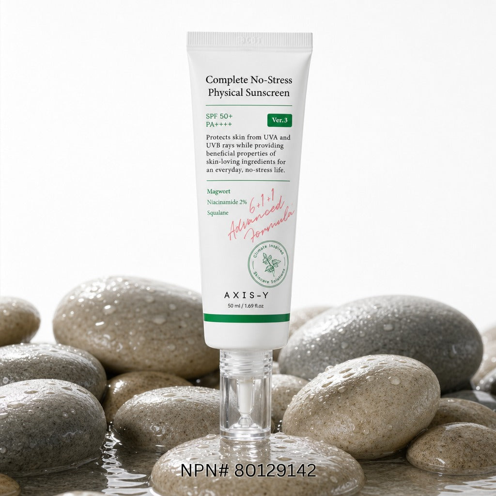 AXIS-Y Complete No-Stress Physical Sunscreen SPF 50+ PA++++, 50ml tube on wet stones