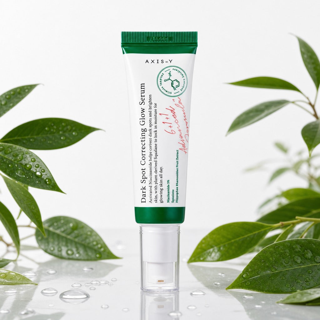 AXIS-Y Dark Spot Correcting Glow Serum tube with niacinamide, surrounded by green leaves and water drops.