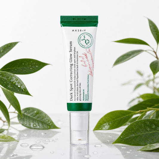 AXIS-Y Dark Spot Correcting Glow Serum tube with niacinamide, surrounded by green leaves and water drops.