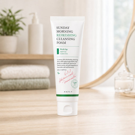 AXIS-Y Sunday Morning Refreshing Cleansing Foam 120ml with Birch Sap and Green Tea, bathroom shelf setting
